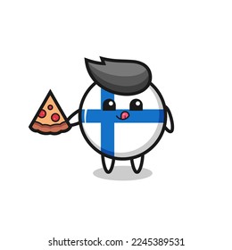 cute finland flag badge cartoon eating pizza , cute style design for t shirt, sticker, logo element