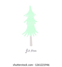 Cute fir tree flat style vector pastel color characters icon. Forest tree doodle drawing, isolated scandinavian cartoon kids book, textile, sticker, for web