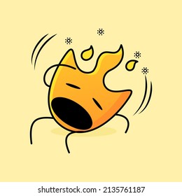 cute fire cartoon with dizzy expression. mouth open, eyes closed and hands on head. suitable for logos, icons, symbols or mascots