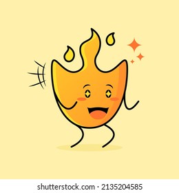 cute fire cartoon with happy expression. two hands clenched and sparkling eyes. suitable for logos, icons, symbols or mascots
