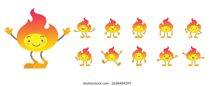 A cute fire cartoon mascot character in a variety of emotional expressions. Flat vector design perfect for UI elements, educational materials, emoji sets, web design, and character animation.