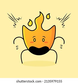 cute fire cartoon with shocked expression. mouth open and bulging eyes. yellow and orange. suitable for logos, icons, symbols or mascots