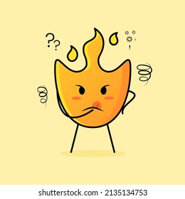 cute fire cartoon with thinking expression. hand on chin and tongue sticking out. suitable for logos, icons, symbols or mascots