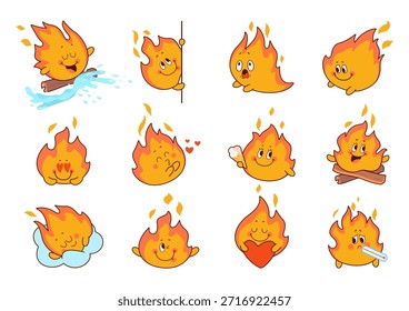 Lindos personajes de fuego. Llamas de la etiqueta engomada, fuegos divertidos de la historieta en amor, aguanta el corazón, envía el beso del aire. Mascotas emocionales infantiles, dormir, nadar, hoy en día conjunto de Vector