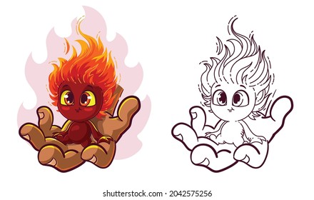 A cute fire elemental with a fiery hairdo sits in an open palm. Coloring book or page