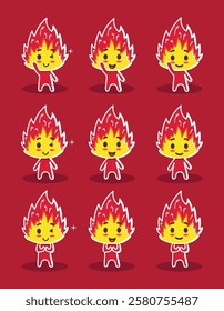 a cute fire elemental mascot with various positions and expressions