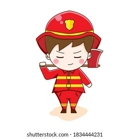 Cute Fire fighter cartoon. Vector illustration of chibi character isolated on white background.