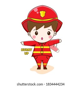 Cute Fire fighter cartoon. Vector illustration of chibi character isolated on white background.