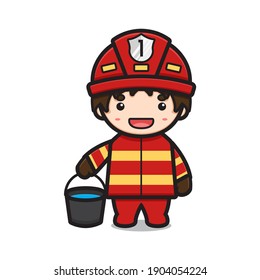 Cute fire fighter character holding bucket with water cartoon vector icon illustration. Profession icon concept isolated vector. Flat cartoon style