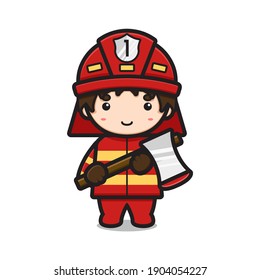 Cute fire fighter character holding ax cartoon vector icon illustration. Profession icon concept isolated vector. Flat cartoon style