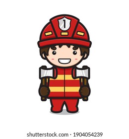 Cute fire fighter character holding two axes cartoon vector icon illustration. Profession icon concept isolated vector. Flat cartoon style