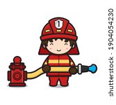 Cute fire fighter character spaying water from hydrant cartoon vector icon illustration. Profession icon concept isolated vector. Flat cartoon style