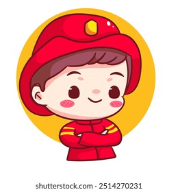 Cute Fire fighter Crossed Arm Cartoon Vector Character. Profession Concept Design. Chibi Cartoon Style. Isolated White Background