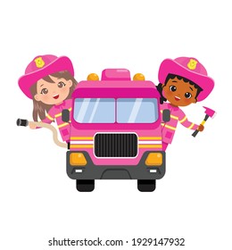 Cute fire fighter girls in uniform riding fire truck. Flat vector cartoon clip art isolated