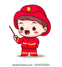 Cute Fire fighter Giving Instruction Cartoon Vector Character. Profession Concept Design. Chibi Cartoon Style. Isolated White Background