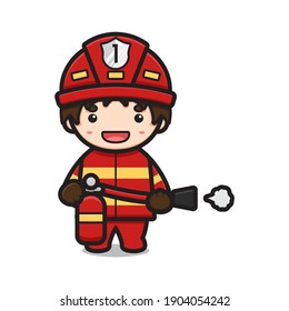 Cute fire fighter holding fire extinguisher character cartoon vector icon illustration. Profession icon concept isolated vector. Flat cartoon style