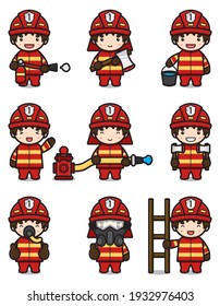 Cute fire fighter set with different activity cartoon vector icon illustration. Fireman profession icon concept isolated vector. Flat cartoon style