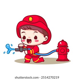 Cute Fire fighter Spraying Water Using Water Hose Cartoon Vector Character. Profession Concept Design. Chibi Cartoon Style. Isolated White Background