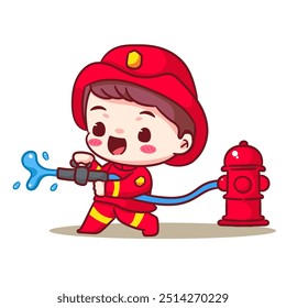 Cute Fire fighter Pulverizando água usando mangueira de água Cartoon Vetor. Profissão Conceito Design. Chibi Cartoon Style. Plano de Fundo Branco Isolado