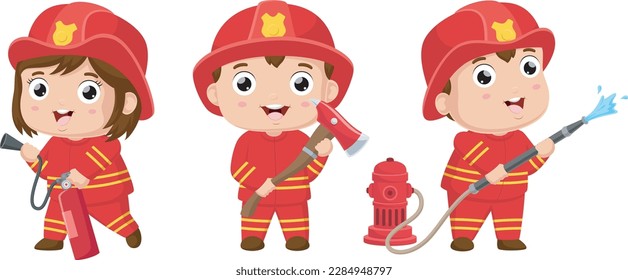 Cute-Feuerwehr-Team-Cartoon mit Sicherheitstools