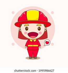 Cute fire fighter. Vector illustration of chibi character isolated background.