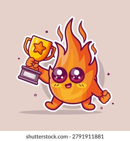 Cute fire flame cartoon character mascot holding a golden trophy. Victory, top performance, and high passion success concept illustration