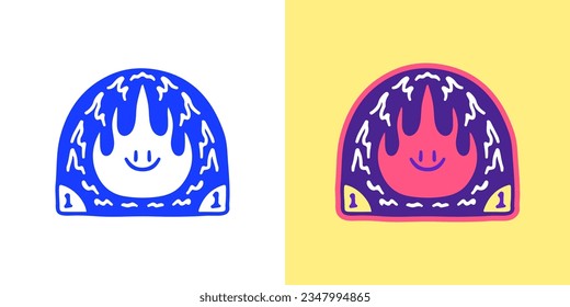 Cute fire with smile face emblem, illustration for logo, t-shirt, sticker, or apparel merchandise. With doodle, retro, groovy, and cartoon style.