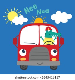 Cute Fire Truck And Cartoon Crocodile Illustration