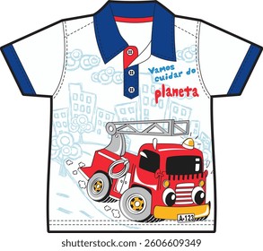 Cute Fire Truck with Cityscape and Environmental Message T-shirt Design