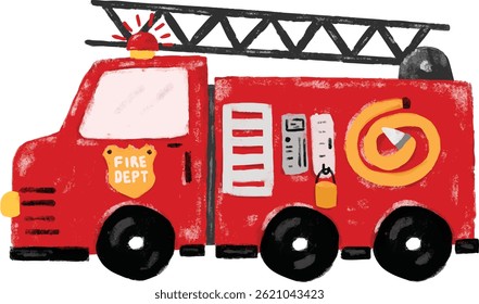 cute fire truck engine department vehicles cars community transportation crayon kids doodle watercolour illustration clipart sticker nursery
