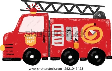 cute fire truck engine department vehicles cars community transportation crayon kids doodle watercolour illustration clipart sticker nursery
