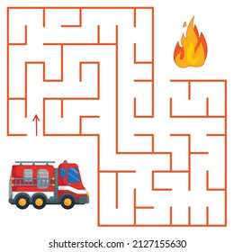 A cute fire truck is going to put out the fire and is looking for a way through the maze. Find a way out of the labyrinth. Educational game for children. Cartoon vector illustration, color clipart