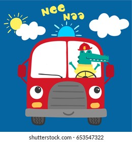 Cute Fire Truck Illustration With Cartoon Crocodile