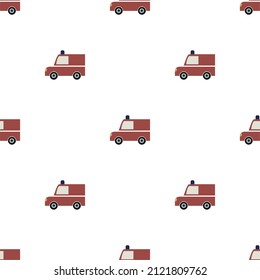 Cute fire truck. Seamless vector pattern with red machine.