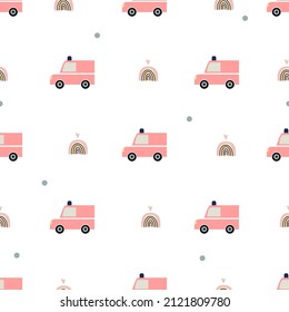 Cute fire truck. Seamless vector pattern with red machine.