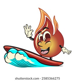 cute fire vektor illustration mascot character surfing riding the waves, work of hand drawn