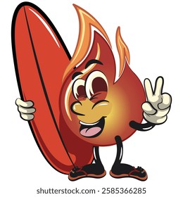 cute fire vektor illustration mascot character with surfboard and gave a peace sign, work of hand drawn