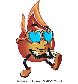 cute fire vektor illustration mascot character wearing heart shaped beach sunglasse, work of hand drawn