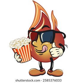 cute fire vektor illustration mascot character with a bucket of popcorn with wearing 3d glasses, work of hand drawn