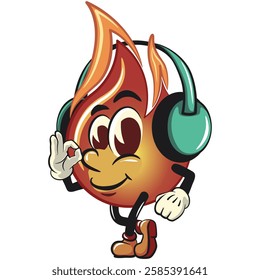 cute fire vektor illustration mascot character listening to headset while dancing, work of hand drawn