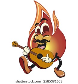 cute fire vektor illustration mascot character with moustache playing guitar, work of hand drawn