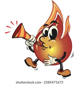 cute fire vektor illustration mascot character blow the party horn trumpet, work of hand drawn