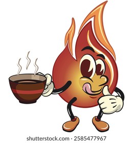 cute fire vektor illustration mascot character handing a cup of hot coffee with a thumbs up, work of hand drawn