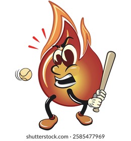 cute fire vektor illustration mascot character playing baseball ready to hit the ball with the bat, work of hand drawn