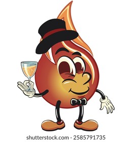 cute fire vektor illustration mascot character wearing hat and bow tie raising a wine glass, work of hand drawn