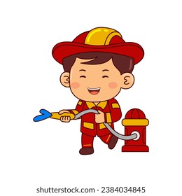 cute firefighter boy cartoon character vector illustration