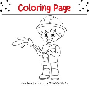 lindo bombero niño sosteniendo extintor de fuego para colorear página de libro para adultos y niños