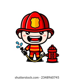 Cute Firefighter Cartoon Character With Water Hydrant
