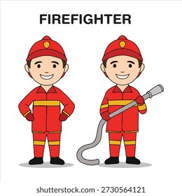 Nette Feuerwehrmann Cartoon Zeichen Set mit Schlauch Ausrüstung