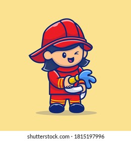 Cute Firefighter Cartoon Vector Icon Illustration. People Profession Icon Concept Isolated Premium Vector. Flat Cartoon Style